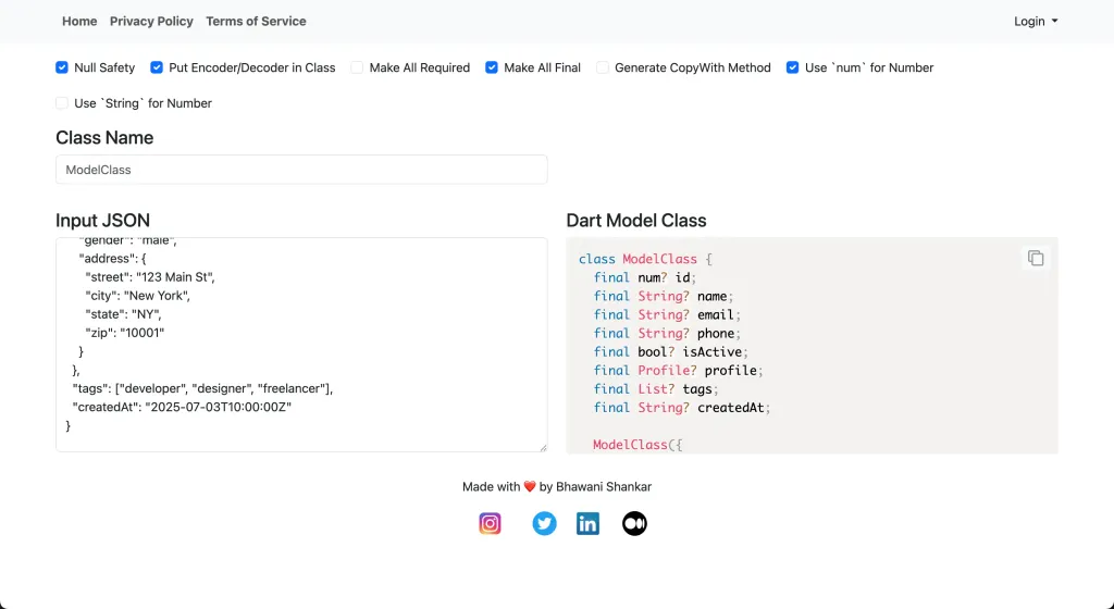 JSON to Dart Web Tool